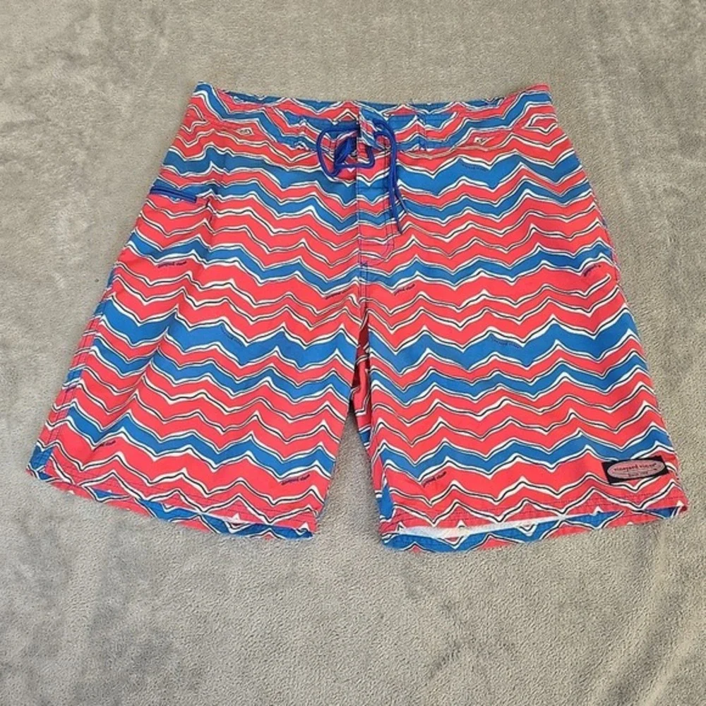 Vineyard‎ Vines Board Shorts Mens 34 Blue Pink Stripe Swim Tie Pockets Beach